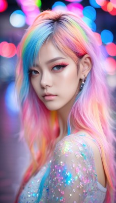 1girl,solo,long hair,breasts,looking at viewer,bangs,blue eyes,shirt,jewelry,closed mouth,blue hair,upper body,pink hair,multicolored hair,earrings,blurry,from side,two-tone hair,lips,looking to the side,eyelashes,gradient hair,makeup,depth of field,blurry background,watermark,piercing,lipstick,web address,eyeshadow,pink lips,realistic,nose,eyeliner,bokeh,mascara,rainbow hair,dress,artist name,orange hair,grey eyes,swept bangs,expressionless