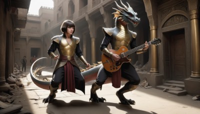 1girl,short hair,bangs,brown hair,black hair,red eyes,1boy,holding,standing,tail,boots,outdoors,multiple boys,horns,teeth,day,pants,blunt bangs,armor,shadow,bob cut,shoulder armor,building,instrument,claws,dragon horns,pauldrons,breastplate,dragon,dragon tail,guitar,vambraces,scales,ruins,playing instrument,pillar,rubble,realistic,music,bracer,shoulder pads,statue