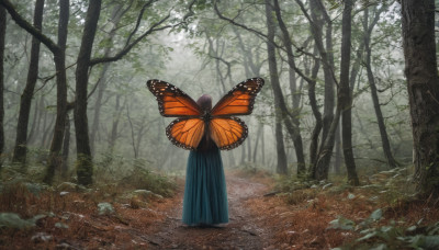 1girl, solo, dress, outdoors, wings, day, from behind, tree, bug, butterfly, nature, scenery, forest, butterfly wings