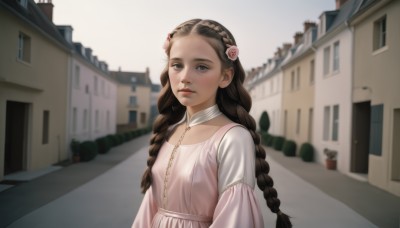 1girl,solo,long hair,looking at viewer,blue eyes,brown hair,hair ornament,long sleeves,dress,closed mouth,upper body,braid,flower,outdoors,choker,day,hair flower,blurry,twin braids,lips,window,blurry background,rose,building,pink dress,forehead,pink flower,freckles,city,realistic,nose,road,pink rose,street,multiple braids,twintails,white dress,flat chest,depth of field,sunlight,house