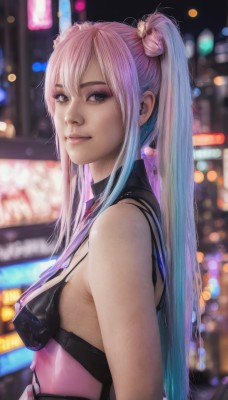 1girl,solo,long hair,breasts,looking at viewer,smile,bangs,blue eyes,hair ornament,bare shoulders,twintails,jewelry,medium breasts,closed mouth,blue hair,upper body,pink hair,multicolored hair,earrings,small breasts,sleeveless,bra,blurry,from side,two-tone hair,lips,gradient hair,makeup,blurry background,eyeshadow,realistic,nose,mascara,sidelocks,artist name,signature,eyelashes,depth of field,bokeh