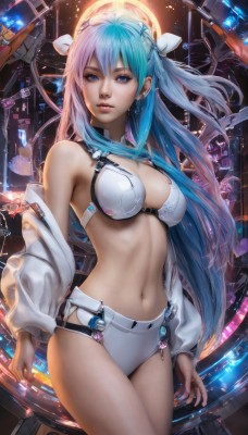 1girl,solo,long hair,breasts,looking at viewer,bangs,blue eyes,hair ornament,long sleeves,ribbon,navel,cleavage,hair between eyes,bare shoulders,jewelry,medium breasts,closed mouth,underwear,blue hair,standing,jacket,swimsuit,hair ribbon,pink hair,bikini,multicolored hair,cowboy shot,earrings,parted lips,open clothes,off shoulder,stomach,nail polish,bra,two-tone hair,lips,fingernails,aqua hair,gradient hair,floating hair,white bikini,piercing,white jacket,ear piercing,white bra,science fiction,realistic,nose,open jacket