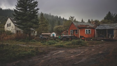 outdoors,sky,cloud,tree,no humans,window,cloudy sky,grass,ground vehicle,building,nature,scenery,motor vehicle,forest,door,car,road,bush,house,vehicle focus,grey sky,truck,day