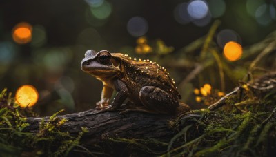 solo,outdoors,blurry,from side,pokemon (creature),no humans,depth of field,blurry background,animal,plant,lens flare,realistic,animal focus,bokeh,dinosaur,nature,moss,turtle,lizard