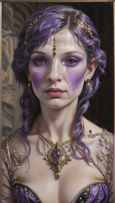 1girl,solo,long hair,breasts,looking at viewer,bangs,blue eyes,hair ornament,dress,cleavage,jewelry,medium breasts,purple eyes,collarbone,upper body,purple hair,earrings,parted lips,teeth,necklace,lips,eyelashes,tattoo,makeup,facial mark,lipstick,gem,portrait,eyeshadow,circlet,realistic,nose,gold,mascara,glasses,artist name,curly hair