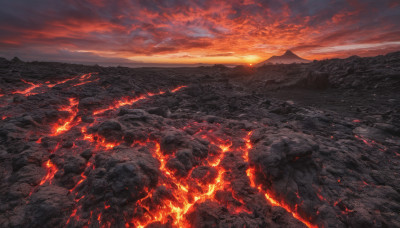 outdoors, sky, cloud, no humans, cloudy sky, fire, scenery, sunset, mountain, landscape, molten rock