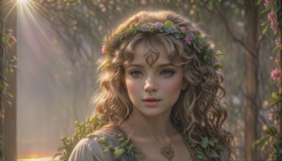 1girl,solo,long hair,looking at viewer,smile,blue eyes,blonde hair,brown hair,hair ornament,jewelry,closed mouth,collarbone,flower,outdoors,hair flower,necklace,blurry,tree,lips,grey eyes,eyelashes,depth of field,blurry background,leaf,wavy hair,sunlight,plant,portrait,nature,pendant,freckles,curly hair,realistic,nose,head wreath,vines,wreath,blush,bangs,parted lips,light rays