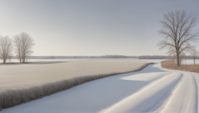 HQ,outdoors,sky,day,cloud,tree,blue sky,no humans,building,scenery,snow,city,road,cityscape,winter,bare tree,river,grey sky,beach,realistic,sand,horizon,landscape,fog,shore