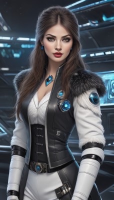 1girl,solo,long hair,breasts,looking at viewer,brown hair,gloves,long sleeves,cleavage,brown eyes,jewelry,medium breasts,jacket,earrings,belt,pants,necklace,vest,lips,coat,fur trim,makeup,lipstick,gem,corset,pendant,eyeshadow,science fiction,white pants,red lips,shirt,holding,closed mouth,standing,white shirt,weapon,cowboy shot,artist name,gun,realistic,nose