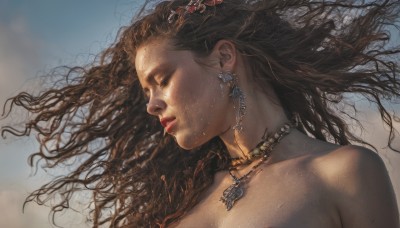 1girl,solo,long hair,brown hair,hair ornament,jewelry,collarbone,closed eyes,upper body,nude,sweat,earrings,parted lips,dark skin,necklace,dark-skinned female,lips,wet,floating hair,cross,portrait,freckles,realistic,nose,breasts,brown eyes,outdoors,sky,tree,profile,wind