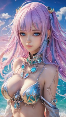 1girl,solo,long hair,breasts,looking at viewer,smile,bangs,blue eyes,hair ornament,navel,cleavage,bare shoulders,jewelry,medium breasts,closed mouth,blue hair,collarbone,swimsuit,upper body,pink hair,bikini,multicolored hair,earrings,outdoors,detached sleeves,sky,choker,day,cloud,water,necklace,blurry,two side up,blue sky,lips,streaked hair,see-through,eyelashes,blurry background,ocean,beach,piercing,gem,blue bikini,armlet,bikini armor,blue gemstone,twintails,purple hair,armor,detached collar,cloudy sky,ear piercing,realistic