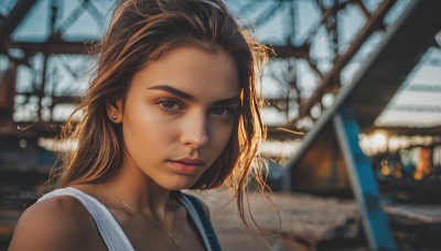 1girl,solo,long hair,looking at viewer,brown hair,brown eyes,jewelry,closed mouth,upper body,earrings,dark skin,necklace,blurry,dark-skinned female,lips,depth of field,blurry background,tank top,realistic,nose,portrait