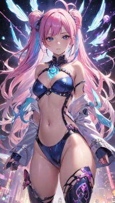 1girl,solo,long hair,breasts,looking at viewer,bangs,blue eyes,thighhighs,gloves,long sleeves,navel,cleavage,bare shoulders,twintails,jewelry,medium breasts,very long hair,closed mouth,blue hair,standing,jacket,swimsuit,pink hair,ahoge,sidelocks,bikini,thighs,multicolored hair,cowboy shot,earrings,open clothes,black gloves,black thighhighs,fingerless gloves,off shoulder,stomach,hair bun,two-tone hair,open jacket,streaked hair,groin,double bun,detached collar,highleg,white jacket,single thighhigh,revealing clothes,doughnut hair bun,blush,hair ornament,outdoors,parted lips,sky,nail polish,lips,see-through,skindentation,night,halterneck,expressionless,building,star (sky),night sky,blue bikini,starry sky,city,cityscape,highleg bikini,multi-strapped bikini,skyscraper