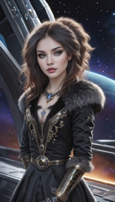 1girl,solo,long hair,breasts,looking at viewer,brown hair,dress,cleavage,brown eyes,jewelry,medium breasts,sky,belt,hood,necklace,lips,coat,grey eyes,fur trim,makeup,wavy hair,lipstick,gauntlets,star (sky),pendant,starry sky,black coat,realistic,nose,space,planet,earth (planet),gloves,standing,parted lips,black dress,gem,eyeshadow,backlighting,science fiction