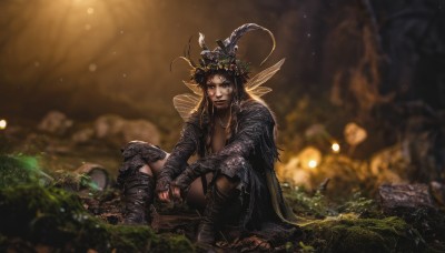 1girl,solo,long hair,breasts,looking at viewer,smile,brown hair,black hair,hair ornament,cleavage,medium breasts,sitting,flower,boots,outdoors,wings,horns,signature,hair flower,cape,armor,blurry,depth of field,blurry background,grass,rock,realistic,antennae,fairy,head wreath,jewelry,pointy ears,necklace,facial mark,helmet,nature,fairy wings,fireflies