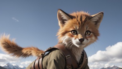 solo,looking at viewer,brown eyes,tail,upper body,outdoors,sky,day,cloud,blurry,blue sky,no humans,animal,cat,backpack,mountain,realistic,animal focus,whiskers,military,depth of field,blurry background,close-up,fox