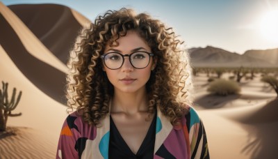 1girl,solo,long hair,looking at viewer,smile,brown hair,cleavage,brown eyes,closed mouth,collarbone,upper body,outdoors,sky,glasses,day,dark skin,blurry,dark-skinned female,lips,blurry background,shadow,sunlight,backlighting,black-framed eyewear,curly hair,mountain,realistic,nose,sand,sun,very dark skin,desert,jewelry,earrings,depth of field,beach,thick eyebrows,messy hair,forehead,lens flare,freckles