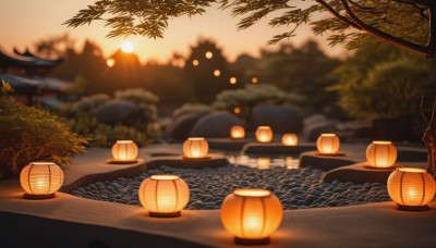 outdoors,sky,water,blurry,tree,no humans,night,depth of field,blurry background,scenery,sunset,lantern,light,architecture,east asian architecture,paper lantern,plant,building,mountain,sun,branch,evening