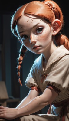 1girl,solo,long hair,looking at viewer,dress,twintails,brown eyes,sitting,closed mouth,upper body,braid,short sleeves,puffy sleeves,artist name,indoors,white dress,orange hair,blurry,twin braids,puffy short sleeves,lips,blurry background,child,freckles,realistic,nose,female child,body freckles,red hair,parted lips,eyelashes,blood,forehead,dirty,dirty face