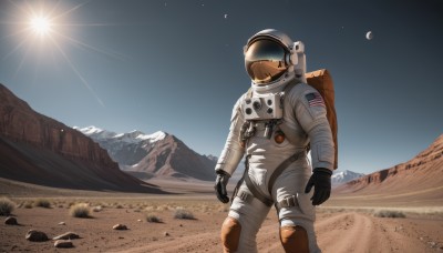 solo,gloves,1boy,standing,outdoors,sky,black gloves,bag,moon,backpack,helmet,star (sky),scenery,1other,science fiction,rock,mountain,sun,space,crescent moon,planet,ambiguous gender,spacesuit,desert,space helmet,astronaut,male focus,signature,crescent,american flag