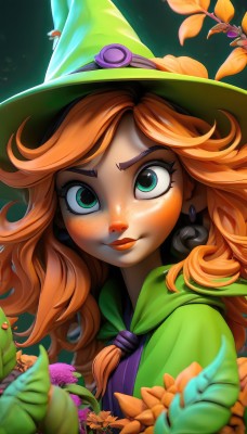 1girl,solo,long hair,looking at viewer,bangs,hat,jewelry,closed mouth,green eyes,upper body,flower,earrings,necktie,orange hair,lips,eyelashes,witch hat,leaf,thick eyebrows,plant,freckles,curly hair,wide-eyed,green headwear,witch,red hair,artist name,cape,watermark,portrait,web address,nose