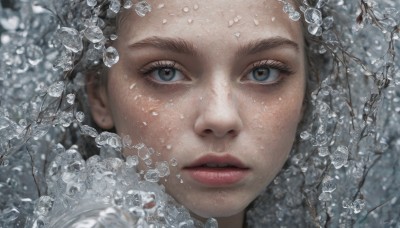 1girl,solo,looking at viewer,blue eyes,black hair,parted lips,water,lips,grey eyes,eyelashes,portrait,close-up,realistic,teeth,blurry,forehead,freckles,water drop,branch,straight-on