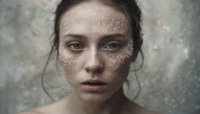 1girl,solo,looking at viewer,short hair,brown hair,black hair,closed mouth,parted lips,blurry,lips,grey eyes,expressionless,portrait,close-up,realistic,nude,eyelashes,underwater