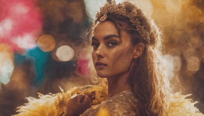 1girl,solo,long hair,looking at viewer,blue eyes,brown hair,dress,closed mouth,dark skin,blurry,from side,dark-skinned female,lips,looking to the side,depth of field,blurry background,tiara,portrait,veil,realistic,nose,bokeh,brown eyes,fur trim,thick eyebrows,crown,backlighting,freckles