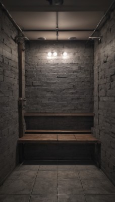 indoors,no humans,scenery,stairs,door,tiles,light,wall,tile floor,brick wall,stone floor,stone wall,window,lamp,light bulb,ceiling light,industrial pipe,brick,brick floor