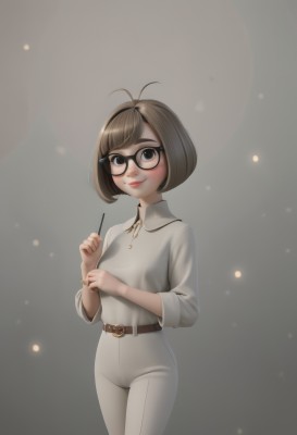 1girl,solo,breasts,looking at viewer,blush,smile,short hair,bangs,simple background,brown hair,shirt,long sleeves,holding,jewelry,closed mouth,standing,white shirt,cowboy shot,small breasts,glasses,collared shirt,belt,pants,grey background,necklace,black eyes,lips,gradient,gradient background,swept bangs,bob cut,antenna hair,light particles,buckle,black-framed eyewear,belt buckle,pink lips,white pants,round eyewear,brown belt,brown-framed eyewear,brown eyes,shiny,artist name,bracelet,eyelashes,makeup,lipstick,sleeves rolled up,freckles,nose,red lips