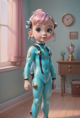 1girl,solo,looking at viewer,short hair,blue eyes,hair ornament,navel,closed mouth,standing,full body,pink hair,indoors,hair bun,flat chest,lips,loli,window,bodysuit,covered navel,cameltoe,curtains,skin tight,clock,blue bodysuit,blush,smile,desk,realistic,latex