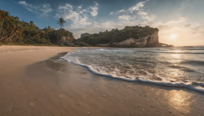 outdoors, sky, cloud, water, tree, no humans, ocean, beach, scenery, sunset, sand, palm tree, waves, shore