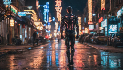 solo, 1boy, standing, male focus, outdoors, from behind, blurry, bodysuit, night, building, reflection, walking, science fiction, city, realistic, black bodysuit, road, street, cyberpunk, neon lights