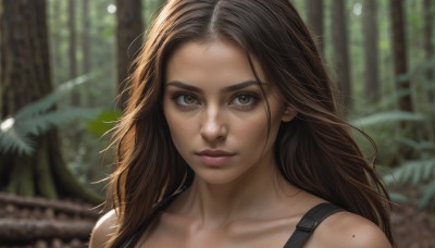 1girl,solo,long hair,looking at viewer,brown hair,bare shoulders,brown eyes,closed mouth,collarbone,outdoors,day,blurry,tree,lips,depth of field,blurry background,suspenders,tank top,portrait,nature,forest,freckles,realistic,nose,upper body,mole,sunlight,plant,messy hair,close-up,forehead,dirty,dirty face