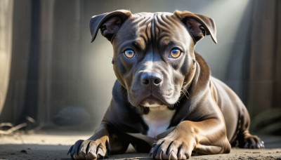 HQ,solo,looking at viewer,closed mouth,yellow eyes,lying,indoors,blurry,no humans,blurry background,animal,sunlight,cat,curtains,claws,realistic,animal focus,whiskers,blue eyes,full body,watermark,on stomach,dog