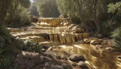 outdoors,day,water,tree,no humans,sunlight,grass,plant,nature,scenery,forest,light rays,rock,bush,bridge,dappled sunlight,river,landscape,stone,log,stream