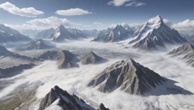 outdoors,sky,day,cloud,blue sky,no humans,cloudy sky,nature,scenery,snow,mountain,landscape,mountainous horizon,fog,above clouds,tree