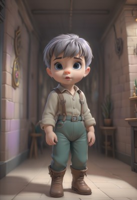 solo,looking at viewer,short hair,blue eyes,shirt,long sleeves,1boy,standing,full body,grey hair,male focus,multicolored hair,boots,collared shirt,belt,pants,artist name,indoors,blurry,blurry background,chair,brown footwear,suspenders,child,male child,open mouth,lips,shadow,aged down