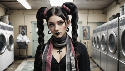 1girl,solo,long hair,breasts,looking at viewer,black hair,cleavage,twintails,jewelry,medium breasts,upper body,braid,multicolored hair,earrings,indoors,necklace,scarf,blurry,black eyes,twin braids,two-tone hair,lips,grey eyes,makeup,piercing,cross,lipstick,eyeshadow,realistic,tiles,eyeliner,cross necklace,cross earrings,kitchen,mascara,gothic,black lips,cabinet,washing machine,bangs,shirt,hair ornament,jacket,black jacket,parted bangs,black shirt,blurry background,towel,forehead,hoop earrings,black scarf,photo background,nose piercing