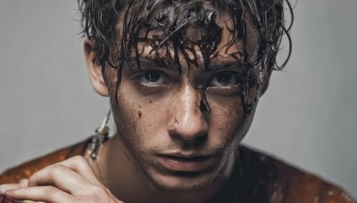 solo,looking at viewer,short hair,bangs,simple background,shirt,black hair,1boy,jewelry,closed mouth,male focus,earrings,hand up,grey background,black eyes,lips,grey eyes,blood,portrait,blood on face,realistic,straight-on,dirty,hand on own shoulder,necklace,blurry,wet,facial hair,close-up,stubble,wet hair,manly