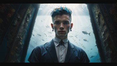 solo,looking at viewer,short hair,blue eyes,shirt,black hair,1boy,jewelry,blue hair,jacket,white shirt,upper body,male focus,multicolored hair,earrings,parted lips,collared shirt,indoors,lips,black jacket,dress shirt,formal,sunlight,suit,letterboxed,fish,light rays,underwater,realistic,aquarium,nose,undercut