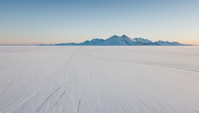 outdoors,sky,day,blue sky,no humans,scenery,mountain,horizon,landscape,mountainous horizon,gradient sky,sunrise,monochrome,nature,sunset,sun