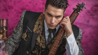 solo,looking at viewer,short hair,brown hair,shirt,black hair,long sleeves,1boy,brown eyes,white shirt,upper body,weapon,male focus,necktie,vest,formal,pink background,instrument,realistic,guitar,closed mouth,collared shirt,lips,suit,black necktie,black vest,candle,waistcoat