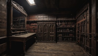 indoors,dutch angle,no humans,window,chair,table,bottle,scenery,wooden floor,stairs,door,light,lamp,shelf,ceiling light,day,sunlight,light rays,sunbeam,barrel,crate,wooden chair