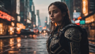 1girl,solo,long hair,looking at viewer,brown hair,black hair,brown eyes,upper body,braid,outdoors,dark skin,armor,blurry,dark-skinned female,lips,depth of field,blurry background,shoulder armor,building,pauldrons,breastplate,city,realistic,night,road,street