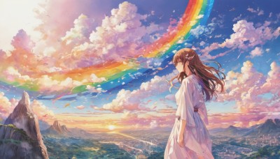 1girl,solo,long hair,smile,bangs,brown hair,hair ornament,long sleeves,dress,brown eyes,standing,braid,outdoors,sky,day,cloud,white dress,from side,blue sky,dutch angle,profile,bird,cloudy sky,scenery,sunset,mountain,rainbow,landscape,mountainous horizon,ribbon,closed mouth,closed eyes,hair ribbon,belt,robe