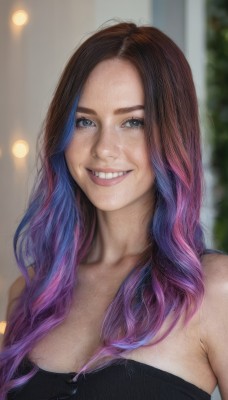 1girl,solo,long hair,breasts,looking at viewer,smile,blue eyes,brown hair,cleavage,bare shoulders,medium breasts,upper body,pink hair,purple hair,multicolored hair,teeth,grin,blurry,two-tone hair,lips,strapless,gradient hair,blurry background,freckles,realistic,nose,blue hair,collarbone,forehead