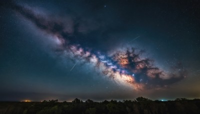 outdoors,sky,cloud,tree,no humans,night,grass,star (sky),nature,night sky,scenery,forest,starry sky,shooting star,milky way,dark