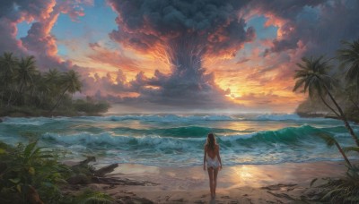 1girl,solo,long hair,brown hair,shirt,black hair,dress,standing,outdoors,sky,barefoot,cloud,water,from behind,white dress,tree,wet,ocean,beach,sunlight,cloudy sky,plant,nature,scenery,wading,walking,sunset,sand,palm tree,arms at sides,sun,horizon,facing away,waves,shore,white shirt,signature,grass,rock,wide shot,twilight,evening,orange sky