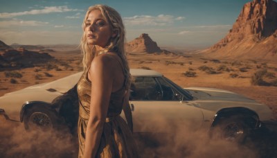 1girl,solo,long hair,looking at viewer,blonde hair,dress,bare shoulders,jewelry,earrings,outdoors,parted lips,sky,sleeveless,day,cloud,blue sky,lips,looking to the side,sleeveless dress,ground vehicle,motor vehicle,mountain,realistic,nose,car,vehicle focus,desert,dust,sports car,looking back